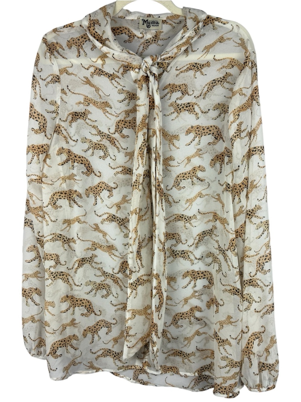 Show Me Your Mumu Cheetah Leopard Animal Print Tie Neck Sheer Blouse Medium